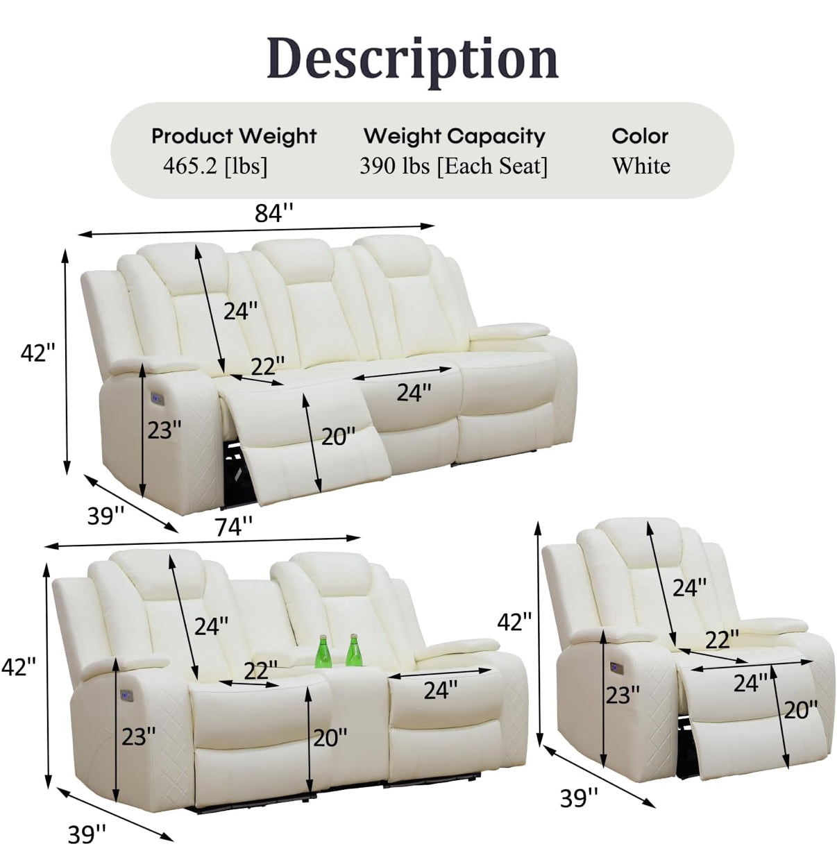 White Power Reclining Couch 3-Pc Set — Sofa • Loveseat • Chair