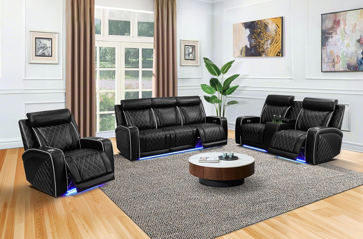 Black Leather Power Reclining Couch Set 3 Pieces, with wireless charger, cup holders, LED lights