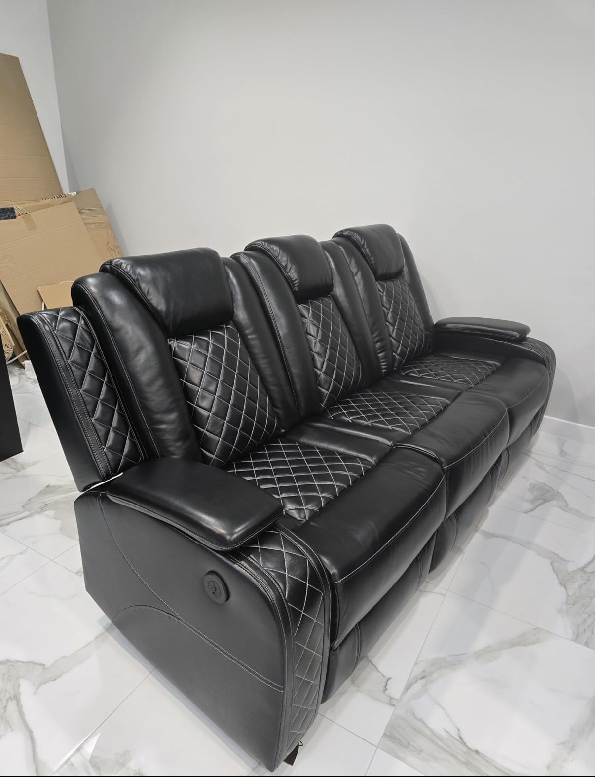 Black Breathing Leather Power Reclining Sofa Set 3 Pieces