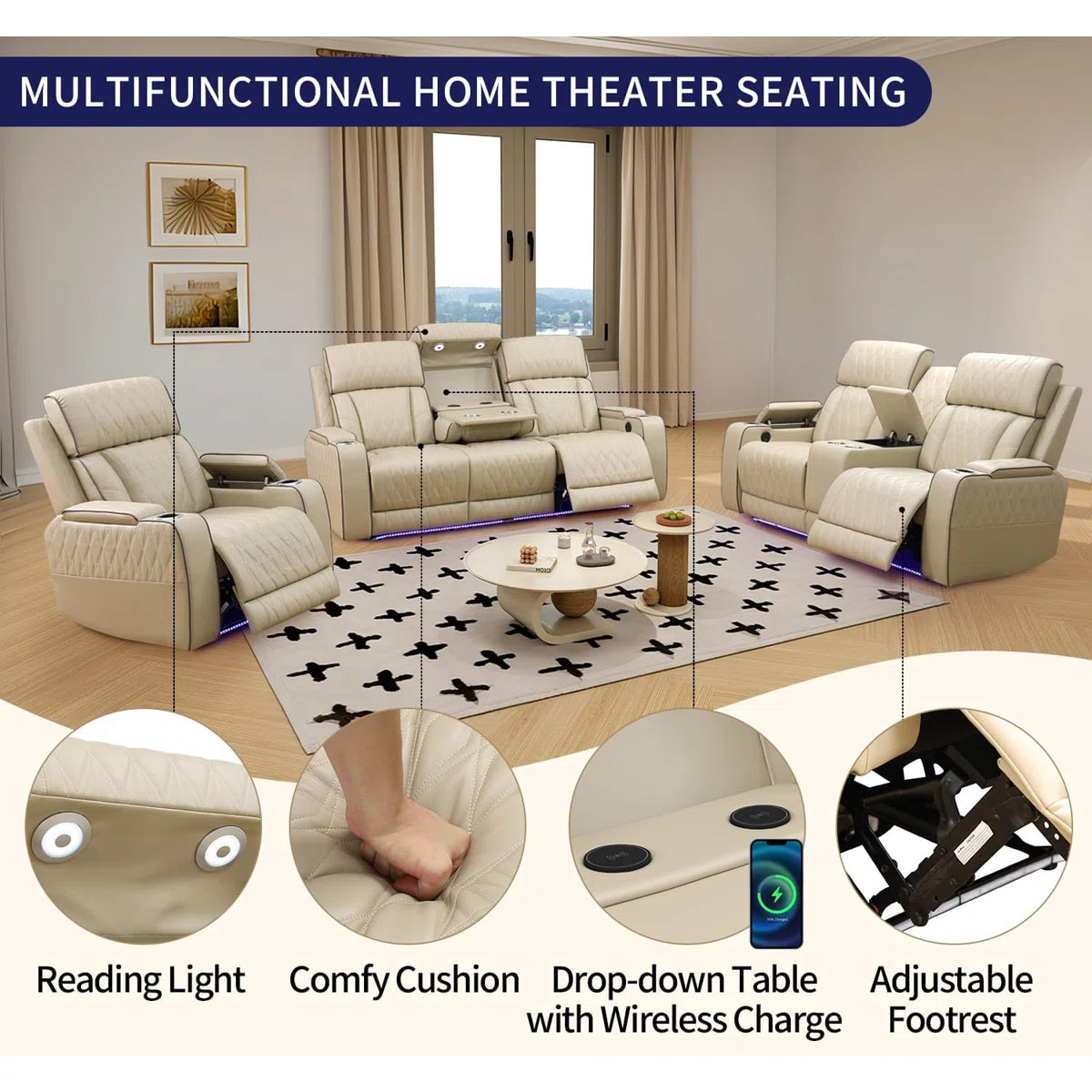 Beige Breathing Leather Power Reclining Living Room Sofa Set 3 Pieces