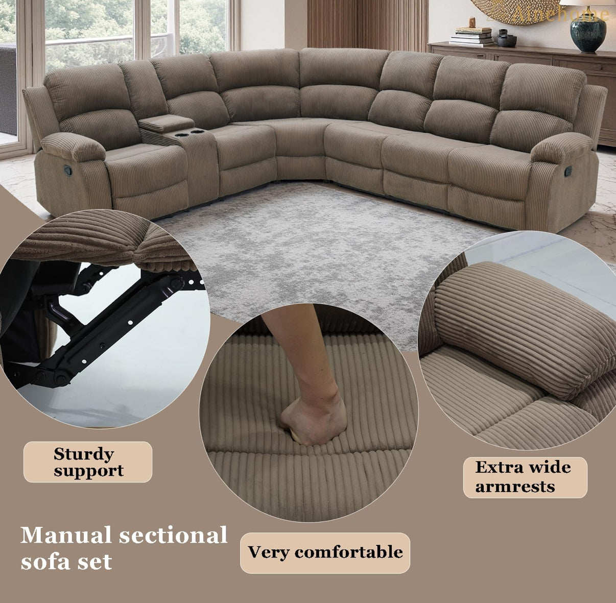 Recliner Sectional Sofa, 5 Seat L-Shaped Manual Reclining Sofa, 3 Piece Sofa Couch For Home Theater