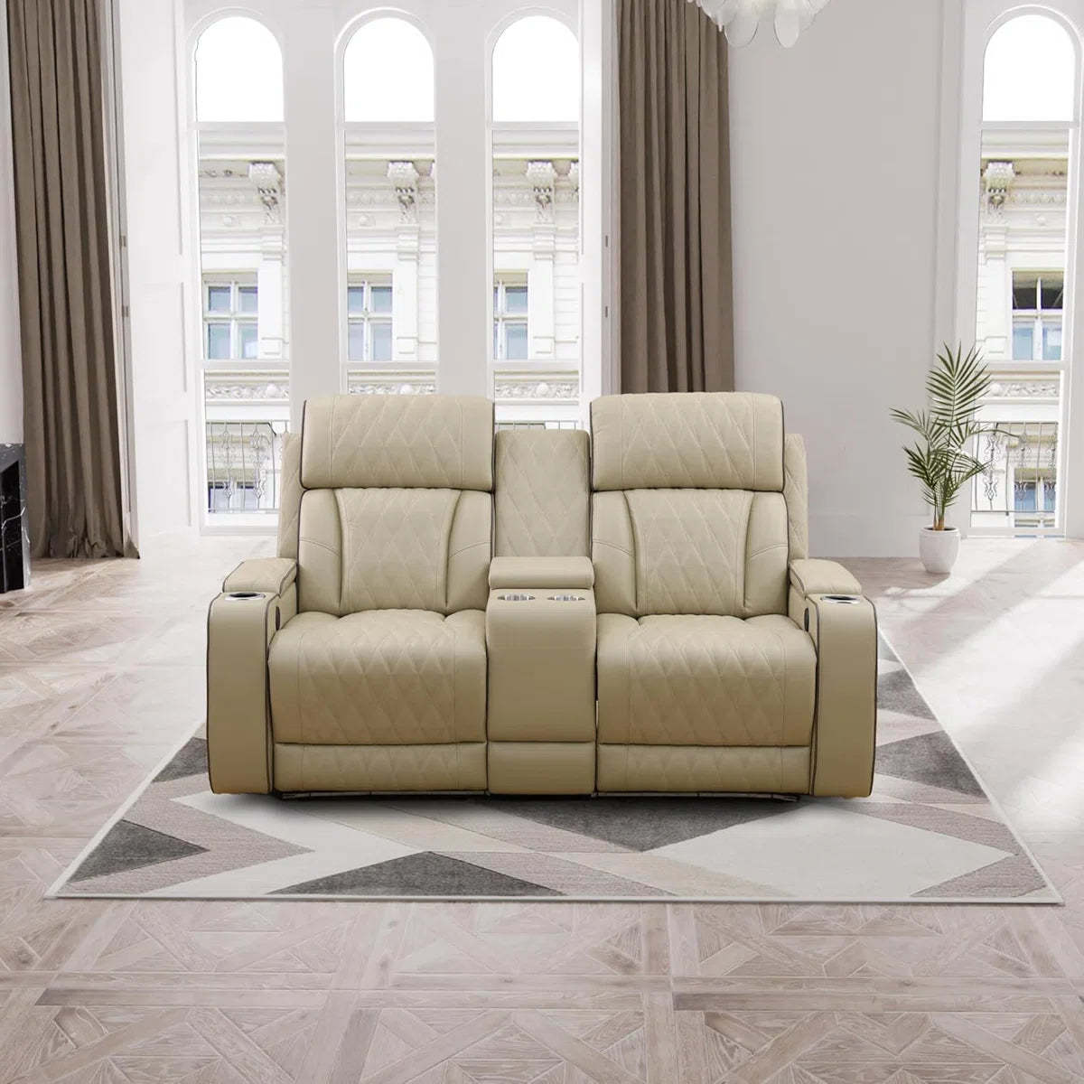 Beige Breathing Leather Power Reclining Living Room Sofa Set 3 Pieces