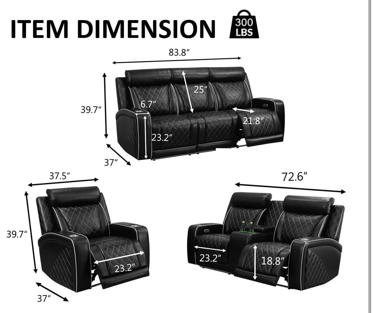 Black Leather Power Reclining Couch Set 3 Pieces, with wireless charger, cup holders, LED lights