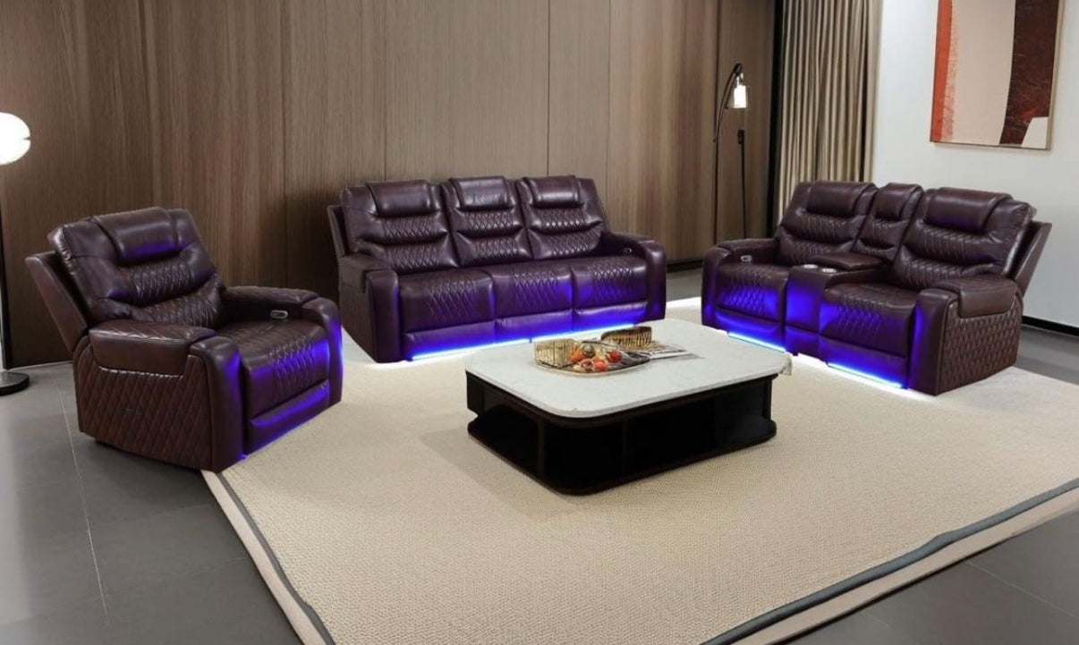 Brown Breathing Leather Power Reclining Couch Set - 3 Pieces