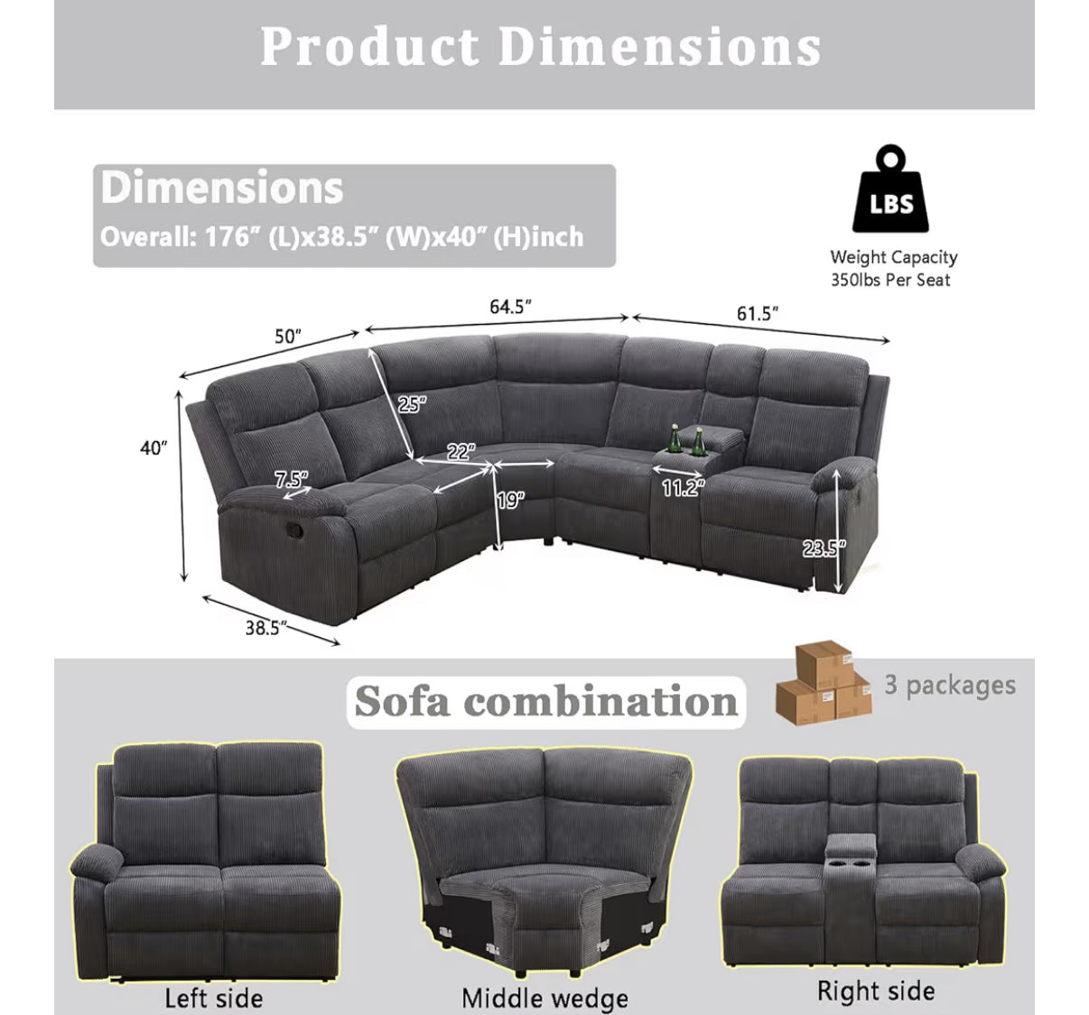 Gray Corduroy Fabric Sectional Couch