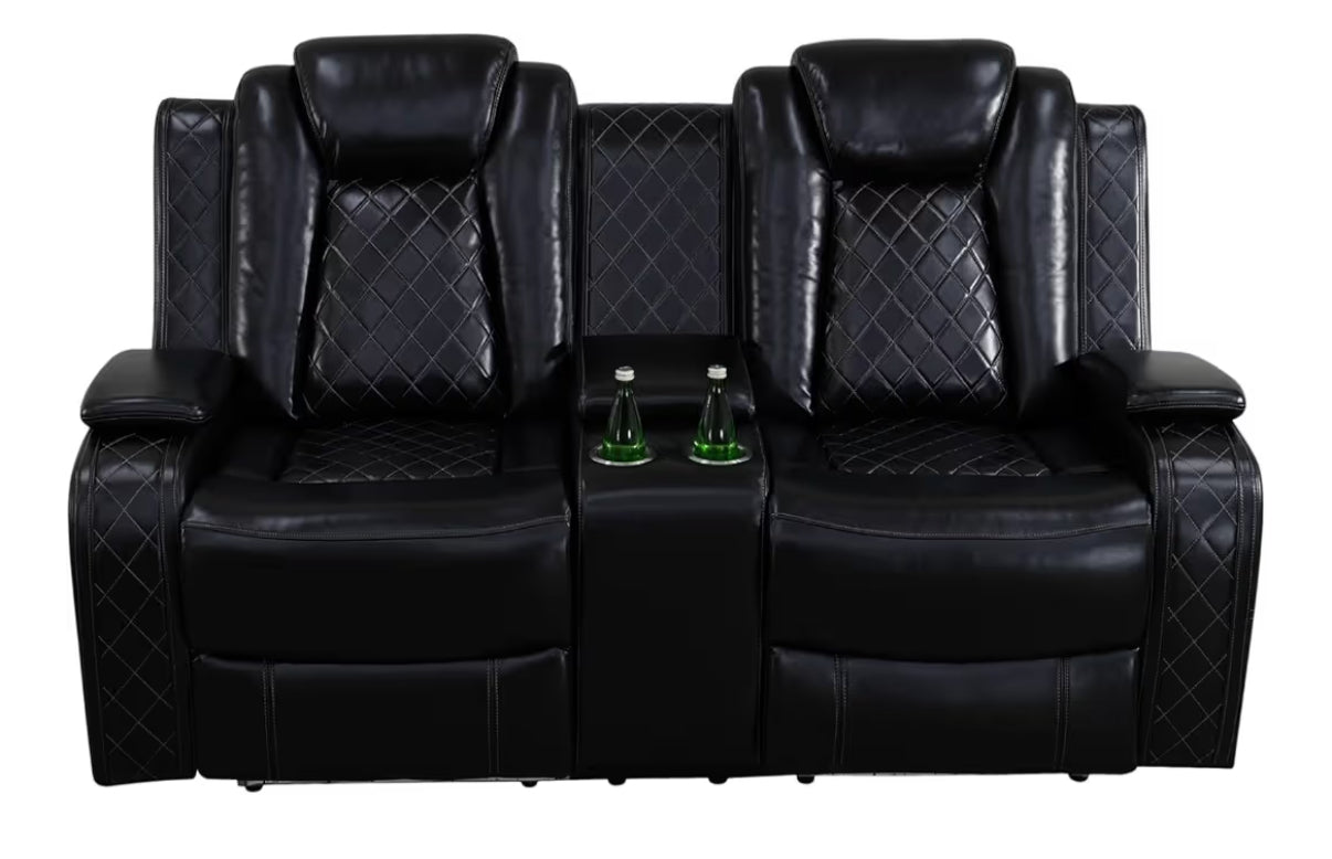Black Breathing Leather Power Reclining Sofa Set 3 Pieces