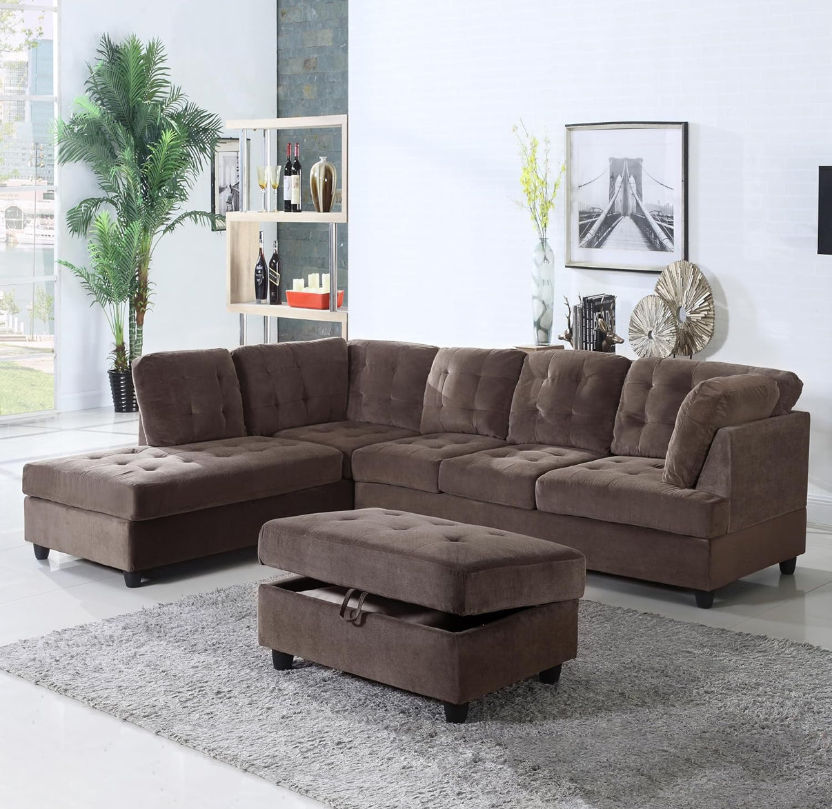 Brown L Shape Sectional Couch With Ottoman