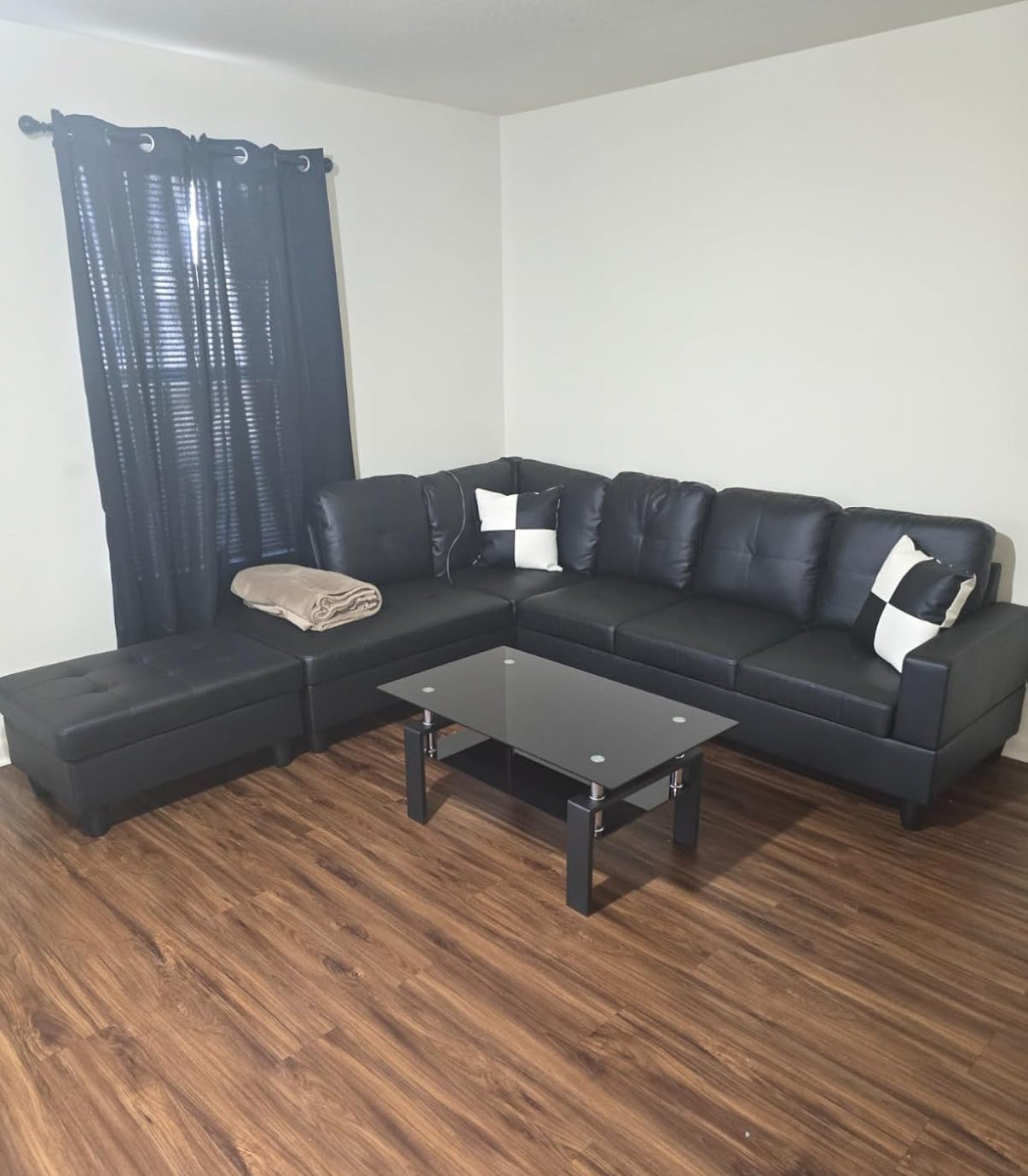Black Faux Leather Sectional Couch With Ottoman