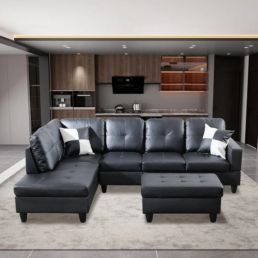 Black Faux Leather Sectional Couch With Ottoman