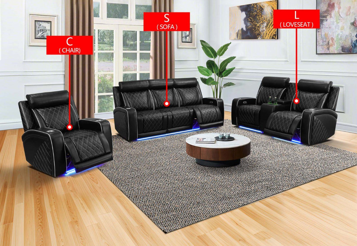 Black Leather Power Reclining Couch Set 3 Pieces, with wireless charger, cup holders, LED lights