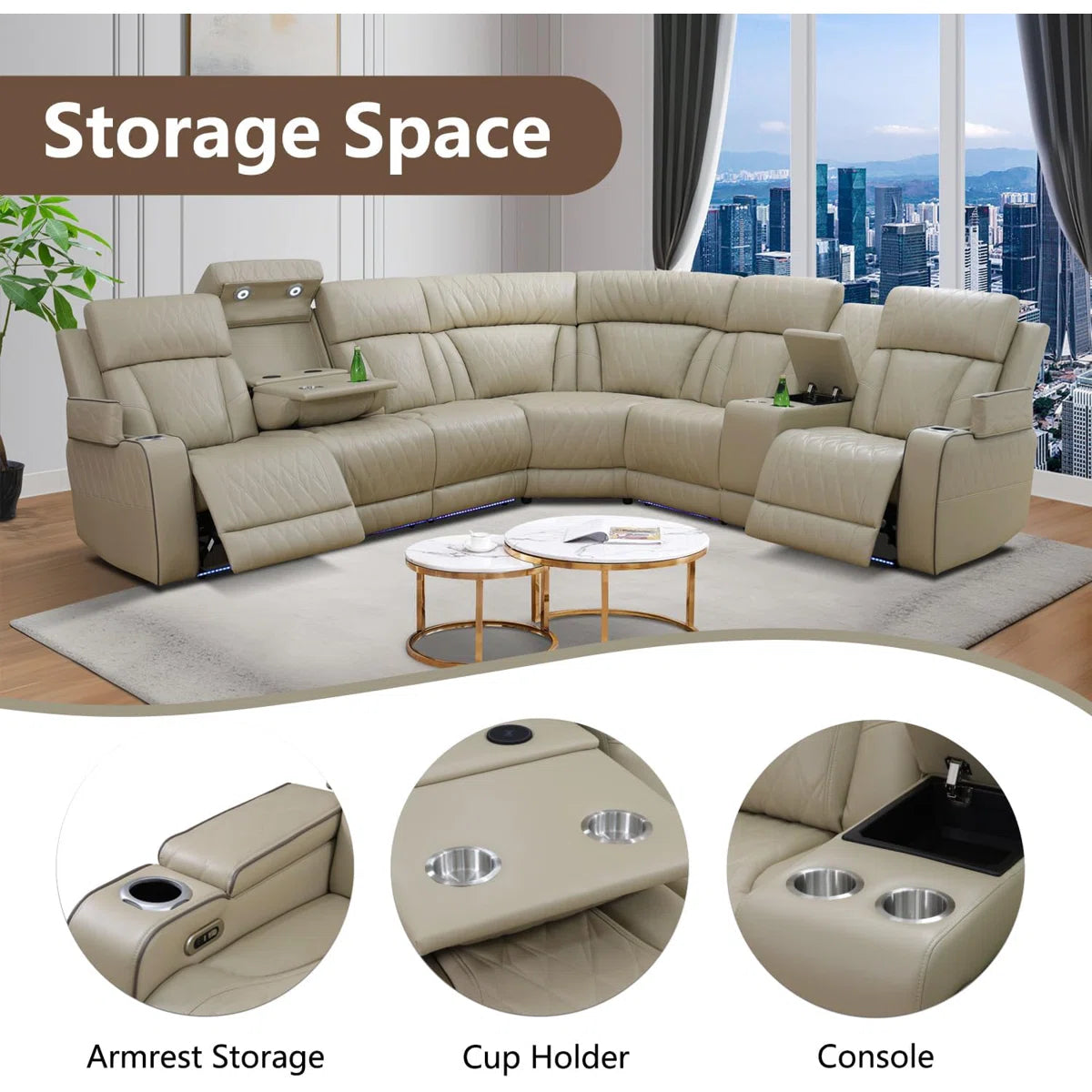 Beige Power Recliner Sectional Couch