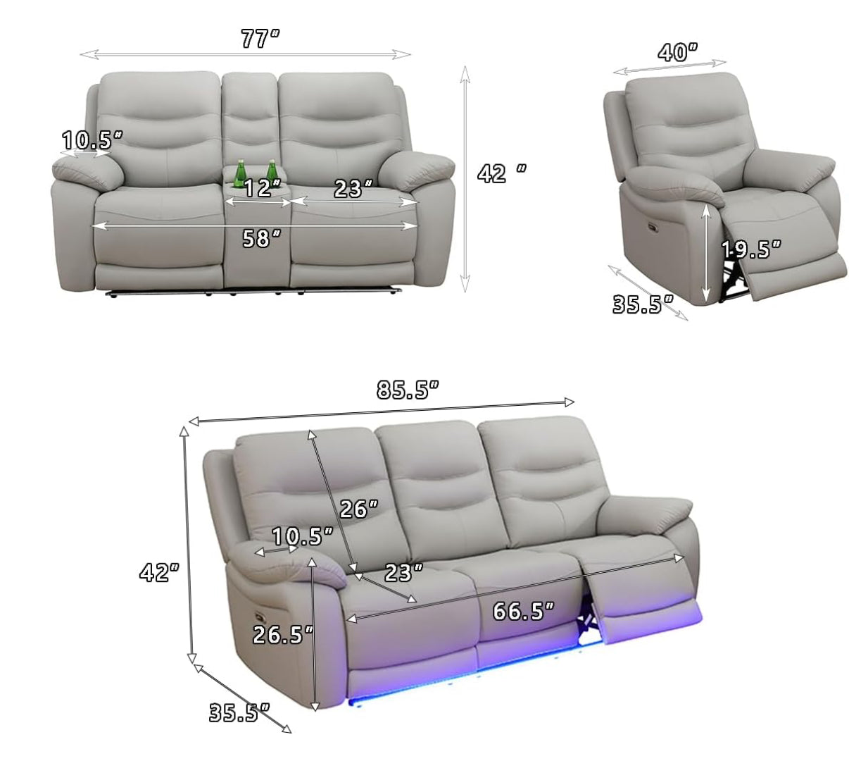 Breathing Leather Power Reclining Living Room Sofa Set 3 Pieces