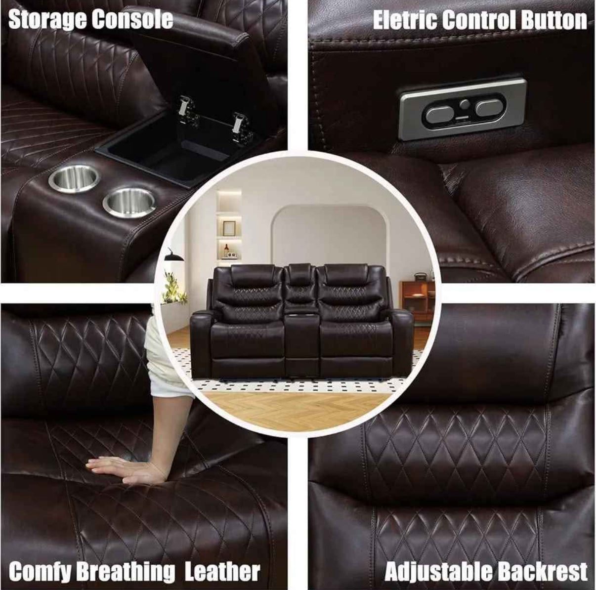 Brown Breathing Leather Power Reclining Couch Set - 3 Pieces