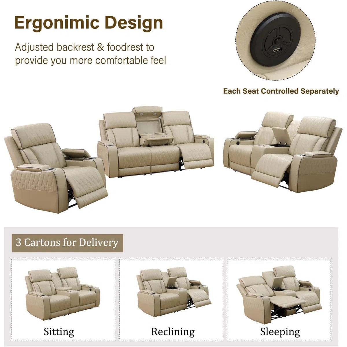 Beige Breathing Leather Power Reclining Living Room Sofa Set 3 Pieces