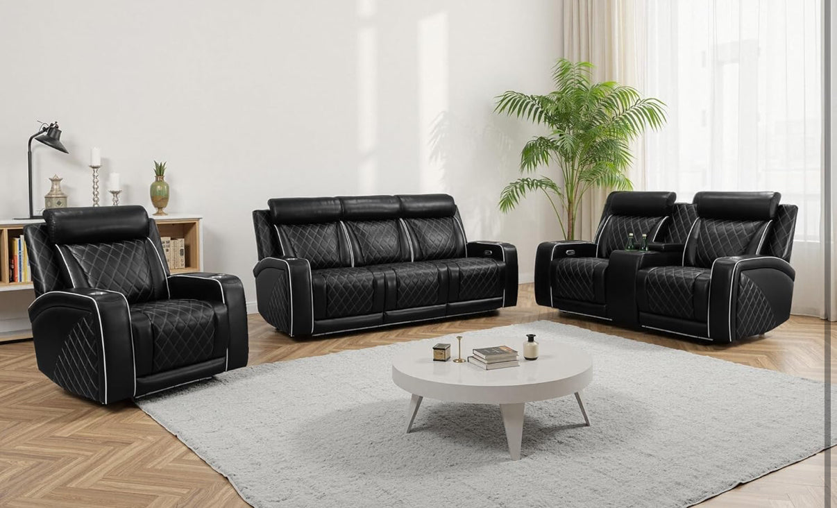 Black Leather Power Reclining Couch Set 3 Pieces, with wireless charger, cup holders, LED lights
