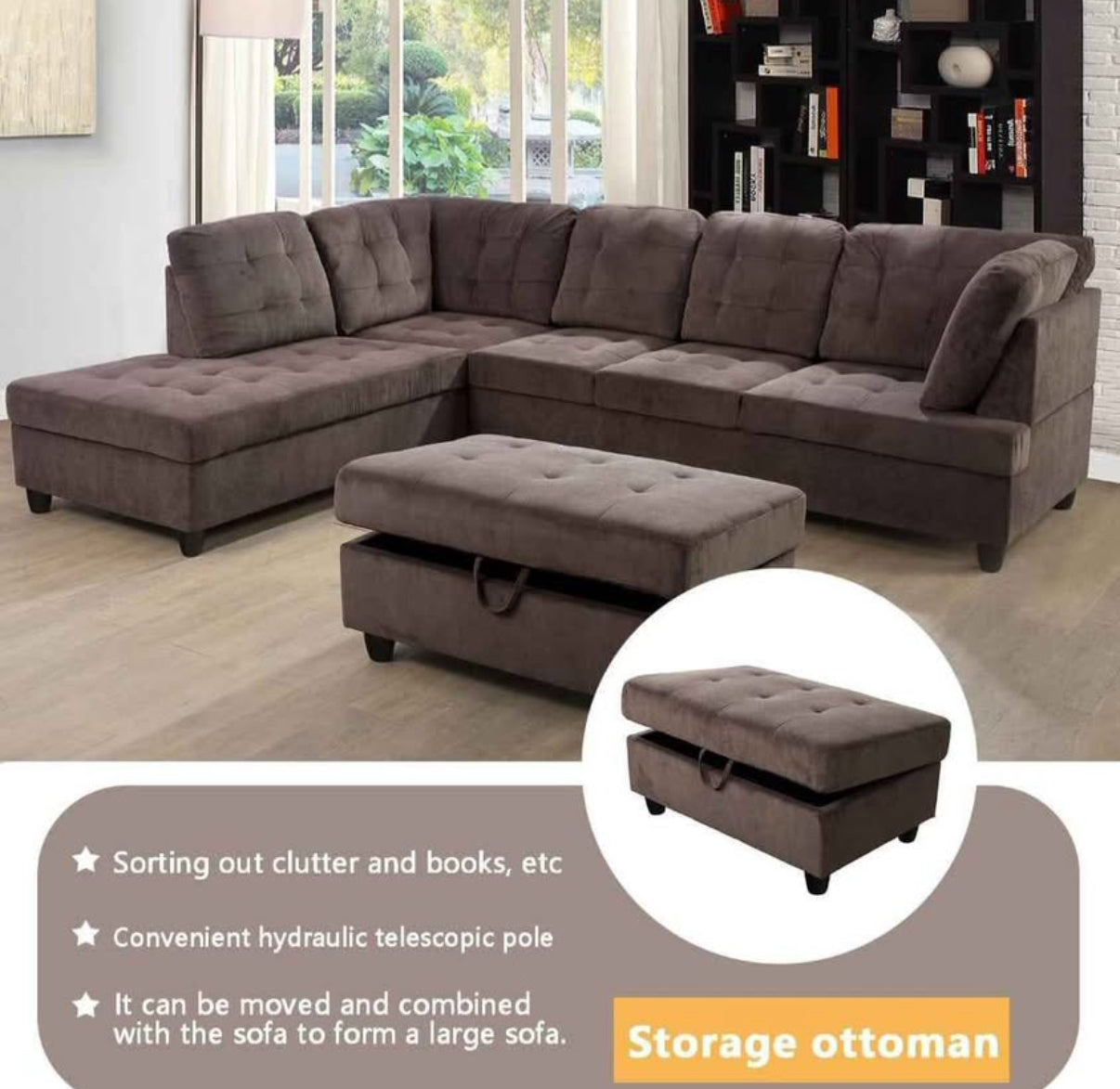 Brown L Shape Sectional Couch With Ottoman