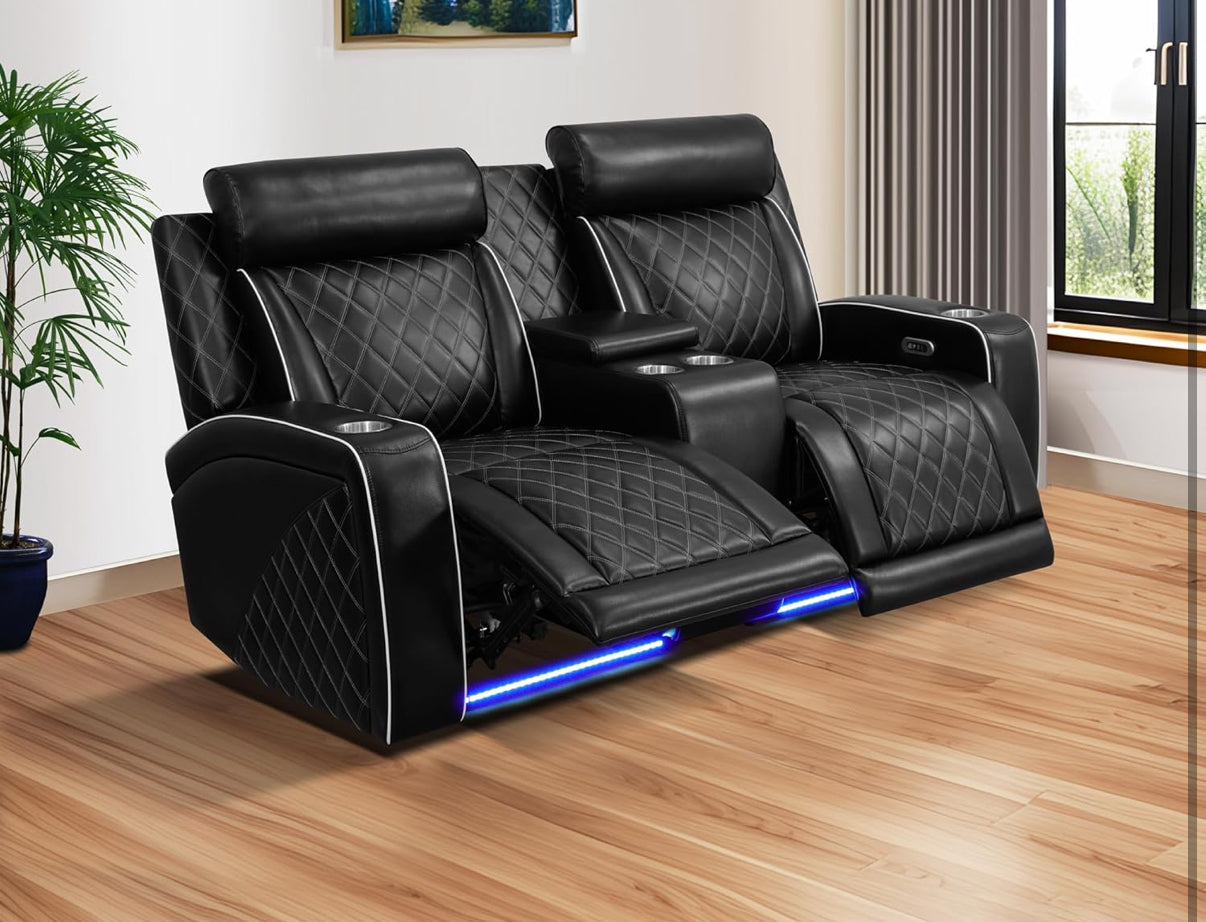 Black Leather Power Reclining Couch Set 3 Pieces, with wireless charger, cup holders, LED lights
