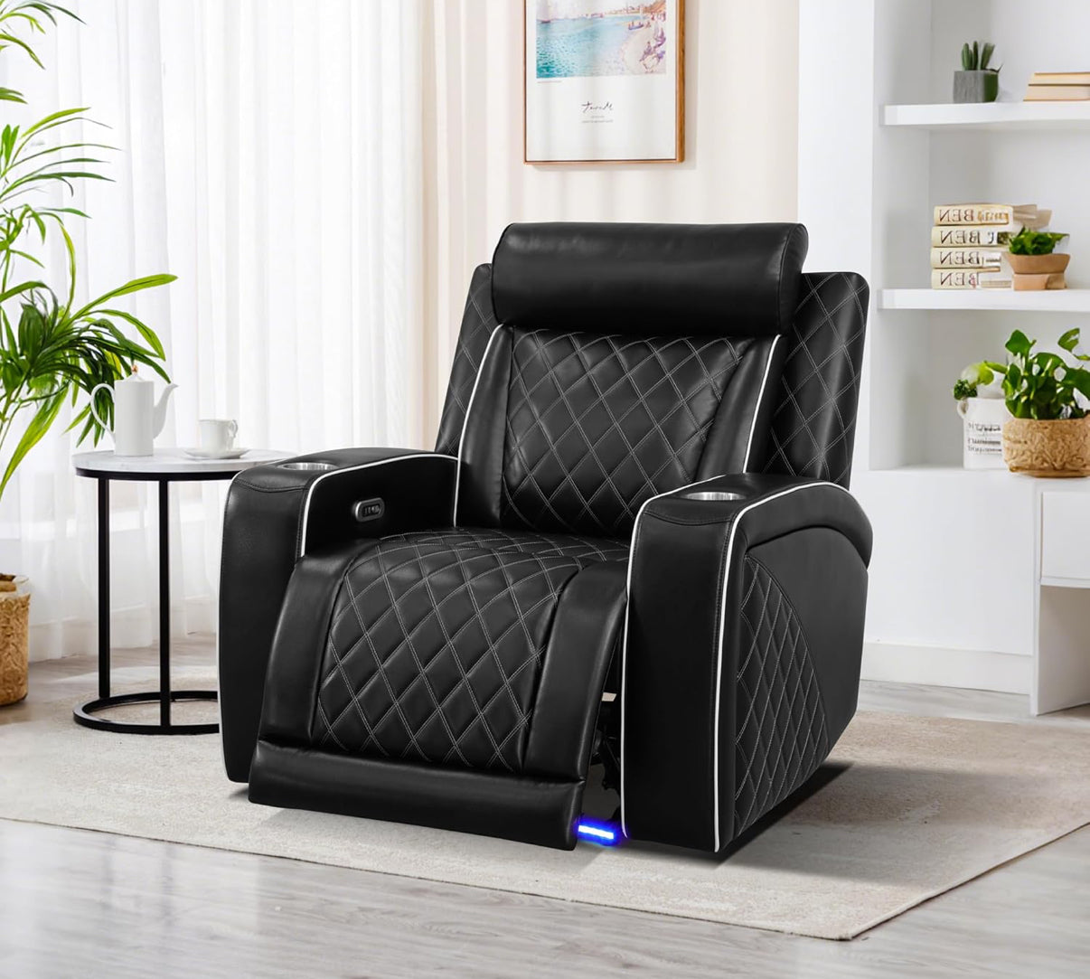 Black Leather Power Reclining Couch Set 3 Pieces, with wireless charger, cup holders, LED lights
