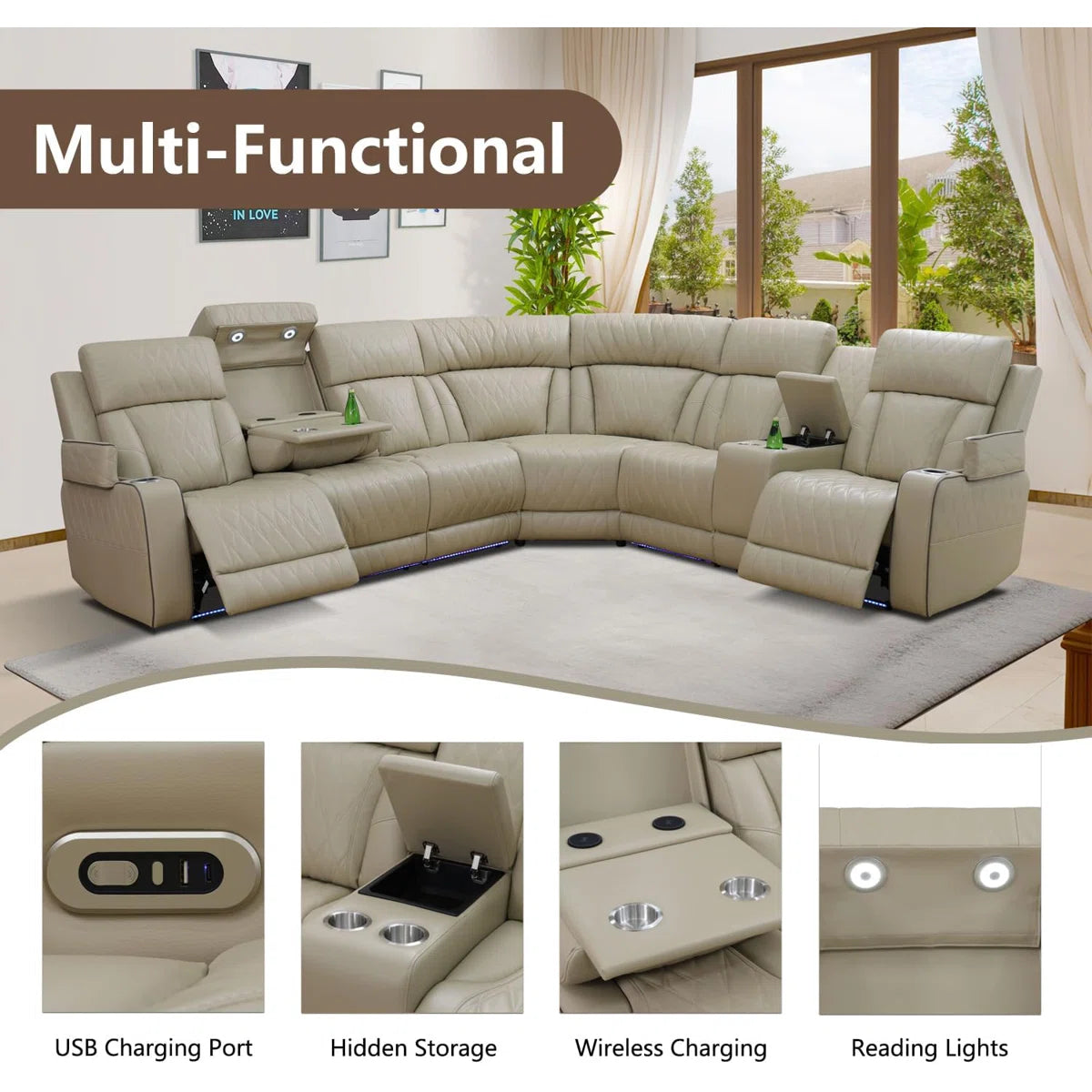 Beige Power Recliner Sectional Couch