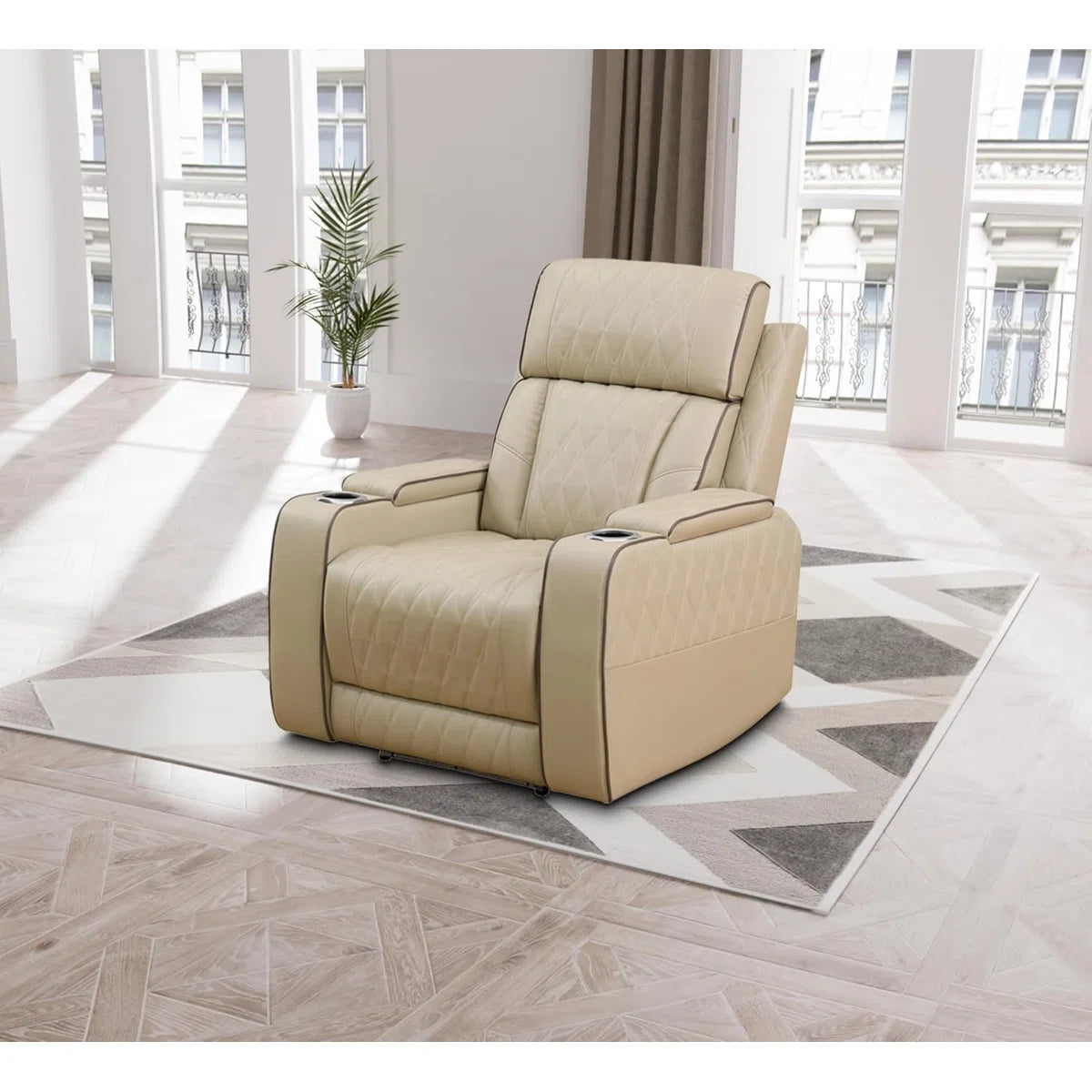 Beige Breathing Leather Power Reclining Living Room Sofa Set 3 Pieces