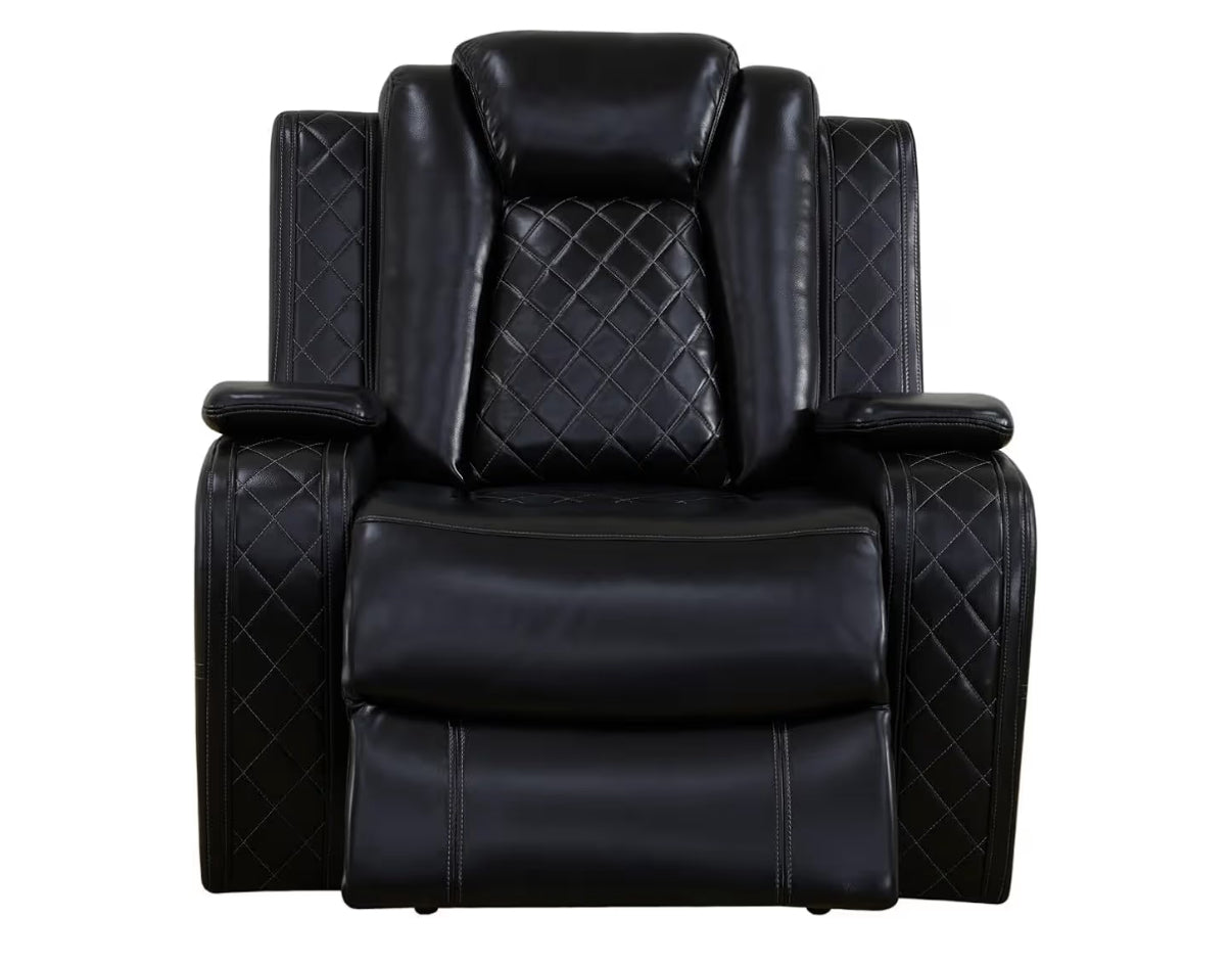 Black Breathing Leather Power Reclining Sofa Set 3 Pieces