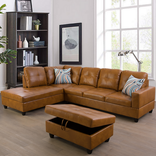 Ginger Faux Leather Sectional Couch With Storage Ottoman
