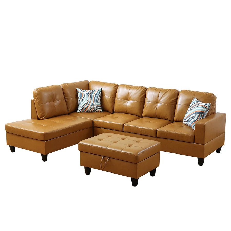 Ginger Faux Leather Sectional Couch With Storage Ottoman
