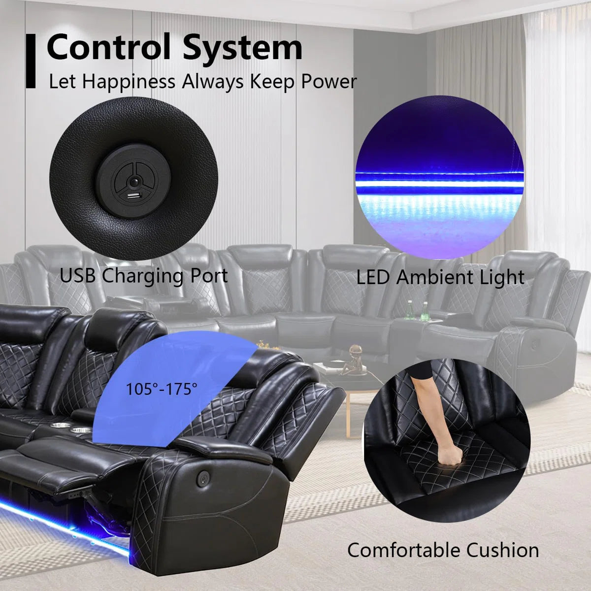 Black Breathing Leather Power Recliner Couch