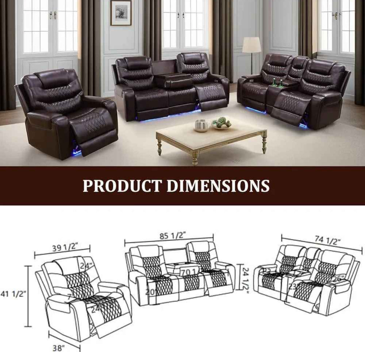 Brown Breathing Leather Power Reclining Couch Set - 3 Pieces