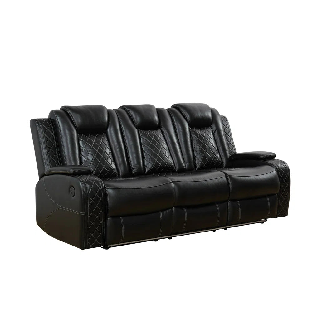 Black Breathing Leather Power Reclining Sofa Set 3 Pieces
