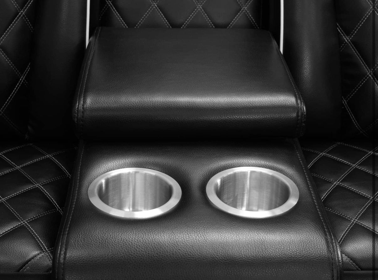 Black Leather Power Reclining Couch Set 3 Pieces, with wireless charger, cup holders, LED lights