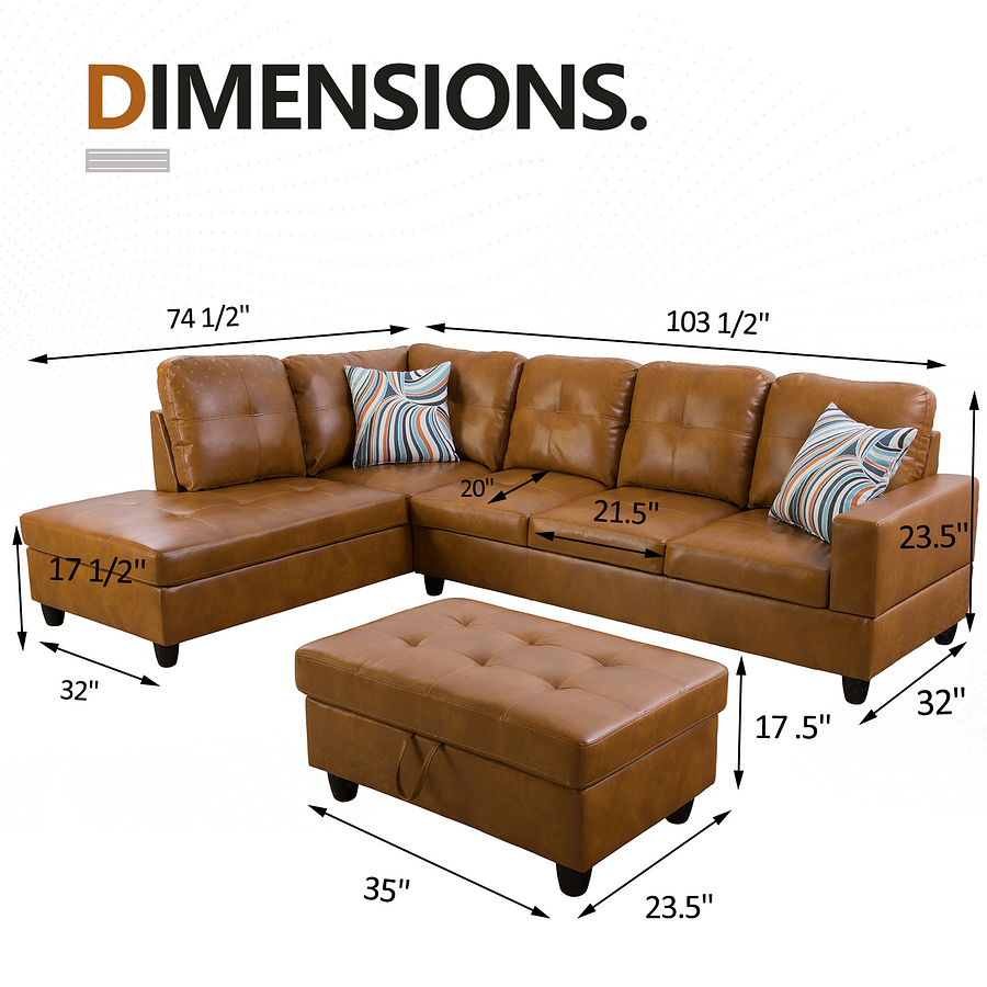Ginger Faux Leather Sectional Couch With Storage Ottoman