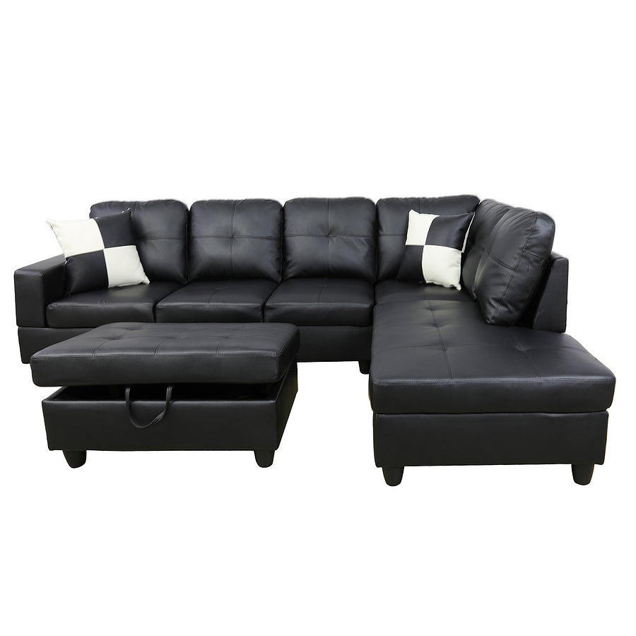Black Faux Leather Sectional Couch With Ottoman