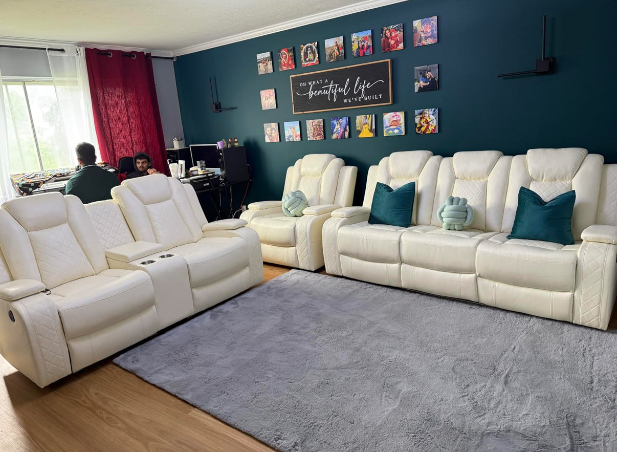 White Power Reclining Couch 3-Pc Set — Sofa • Loveseat • Chair