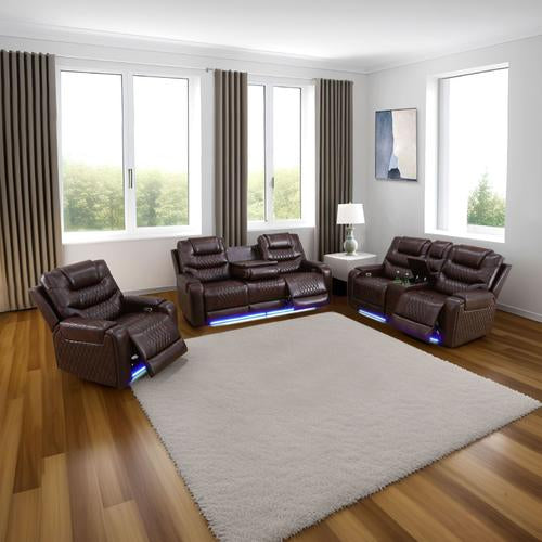 Brown Breathing Leather Power Reclining Couch Set - 3 Pieces