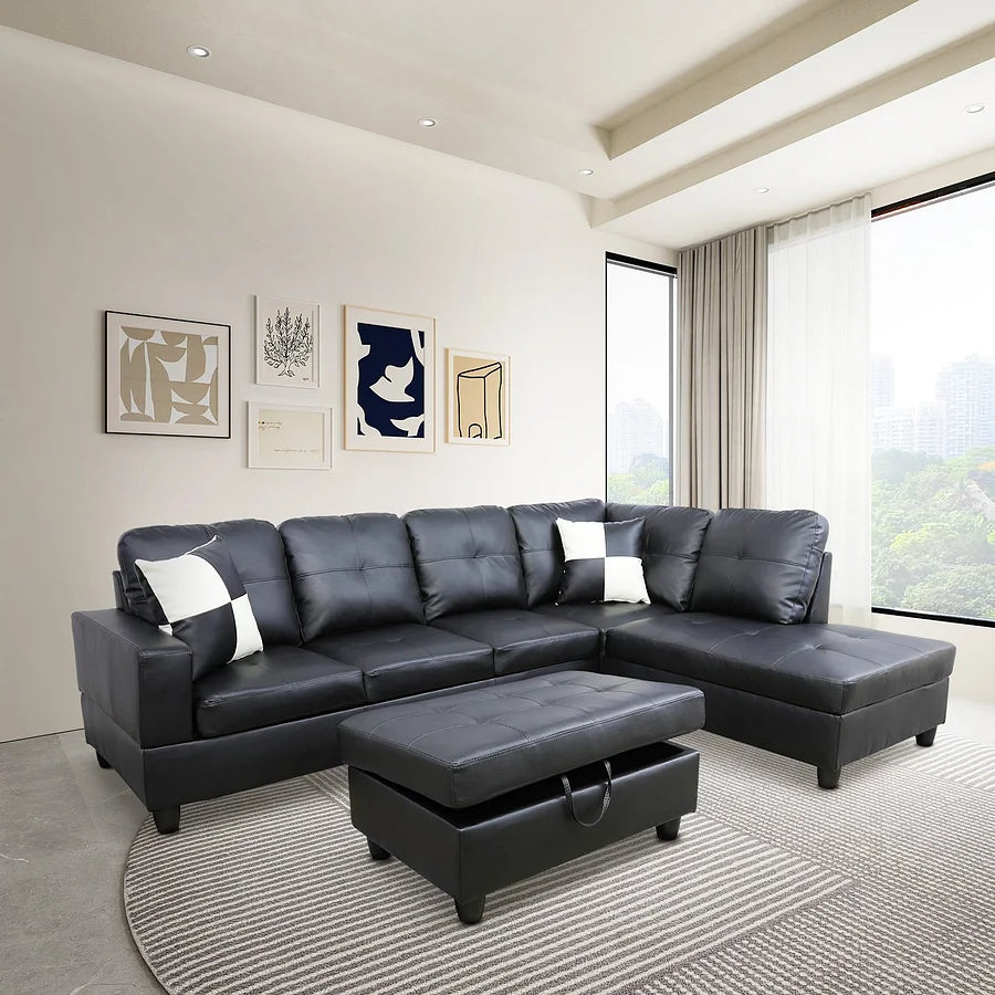 Black Faux Leather Sectional Couch With Ottoman