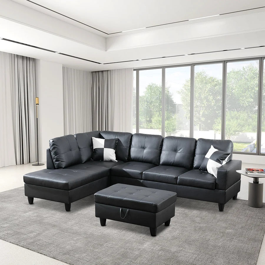 Black Faux Leather Sectional Couch With Ottoman