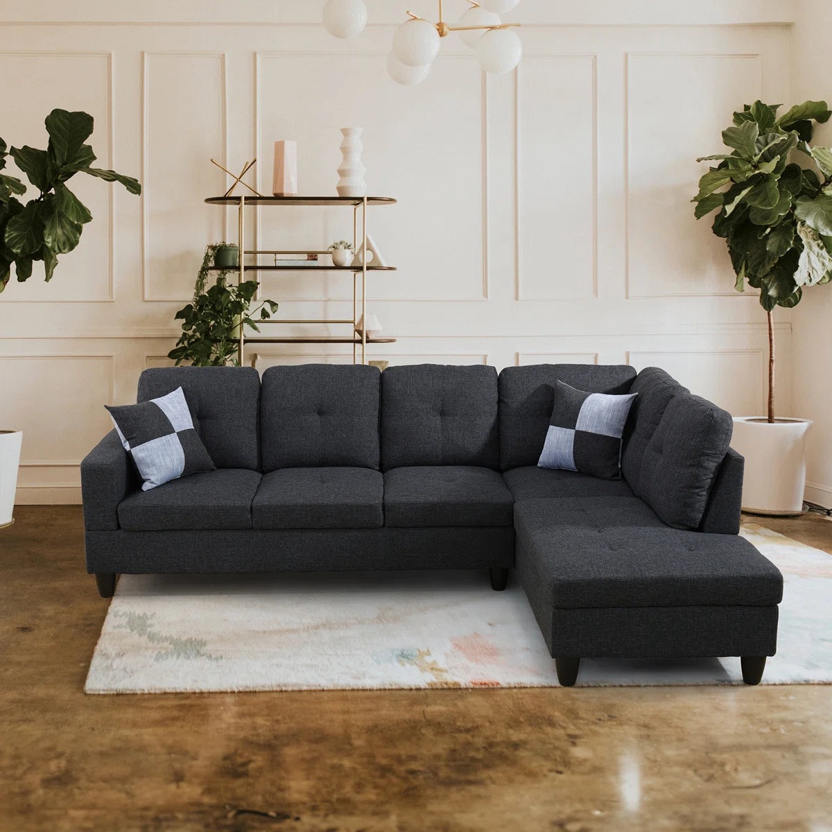 Dark Gray Sectional Couch and Storage Ottoman
