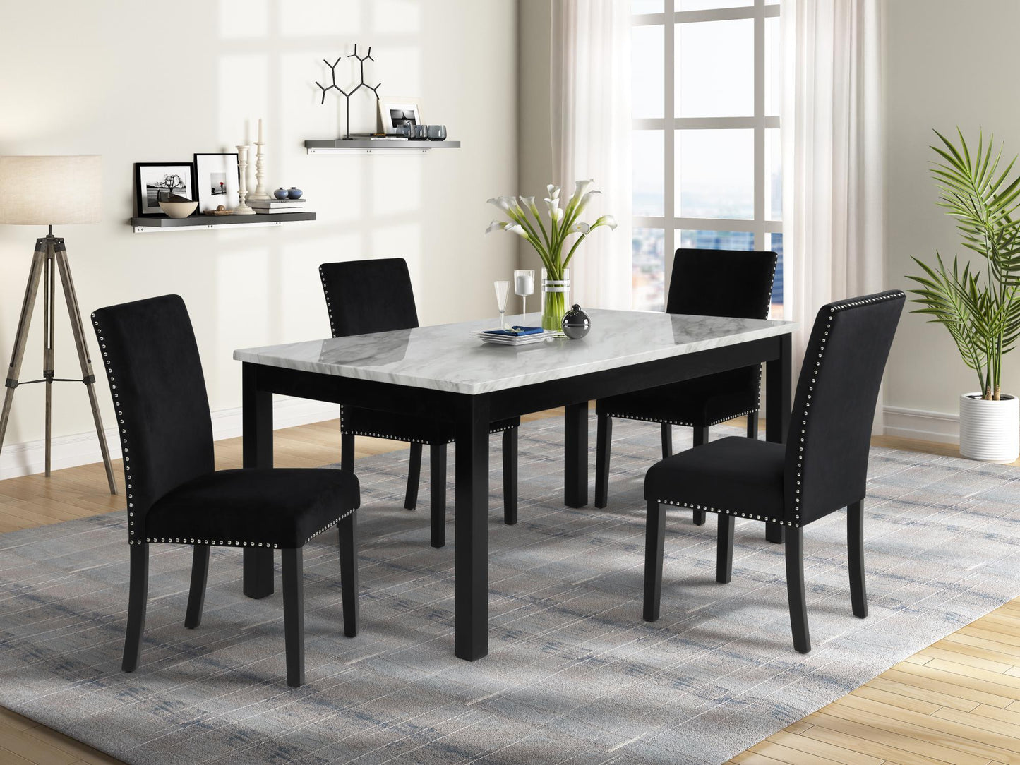 White Faux Marble & Black Velvet Fabric Chair