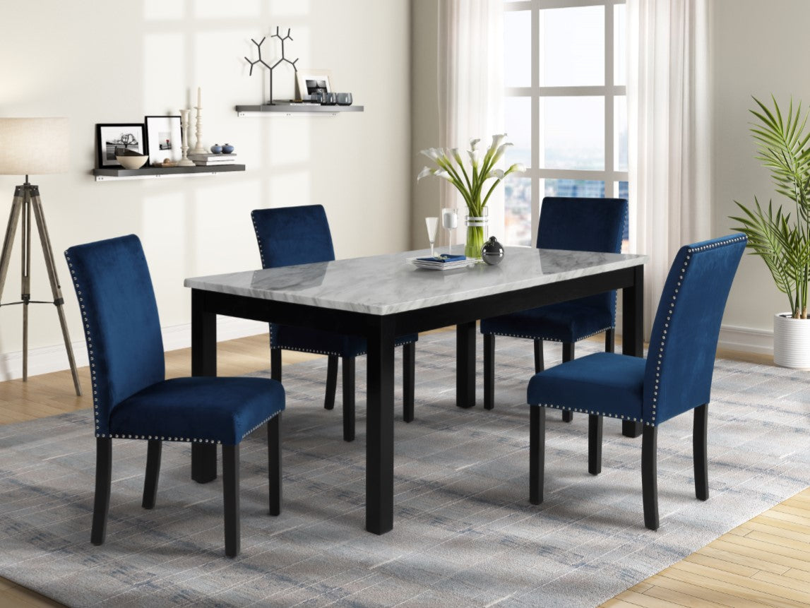 White Faux Marble & Blue Velvet Fabric Chair