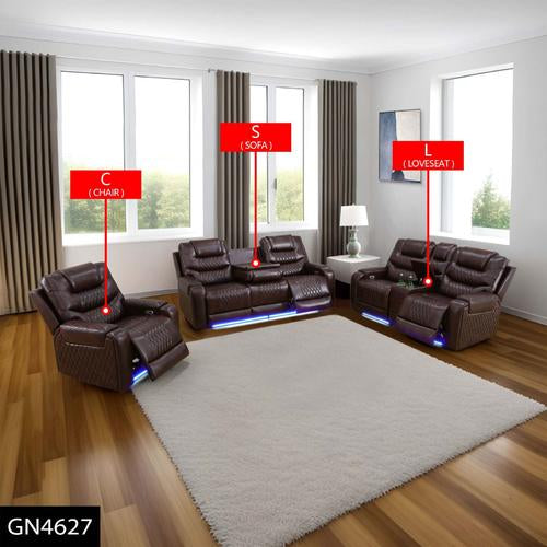 Brown Breathing Leather Power Reclining Couch Set 3 Pieces